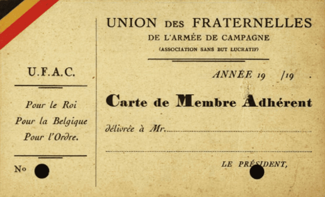 Lidmaatschapskaart van Union des Fraternelles de l'Armée de Campagne (UFAC), 1934, (CegeSoma/Rijksarchief)