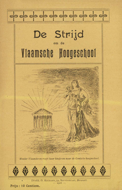 Liberale journalist Hendrik Grosemans en de liberale atheneumleraar Josu&amp;eacute; de Decker, publiceerden onder het pseudoniem 'Demos' een artikelenreeks over de betekenis van de vernederlandsing van de Gentse universiteit in de Gazet van Brussel. De reeks werd naderhand in de propagandabrochure De strijd om de Vlaamsche Hoogeschool gebundeld, 1918. (Universiteitsbibliotheek Gent)