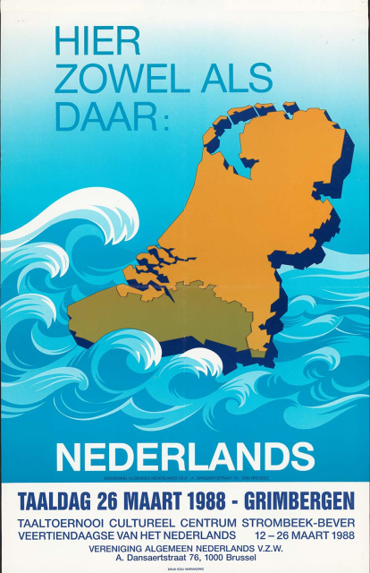 Affiche van de Vereniging Algemeen Nederlands ter promotie van een Taaldag op 26 maart 1988 in Grimbergen. (Collectie Stad Antwerpen, Letterenhuis, tglhps51228)