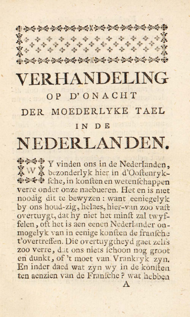 Verlooys aanklacht over ‘d’onacht der moederlyke tael in de Nederlanden', 1788. (Erfgoedbibliotheek Hendrik Conscience)