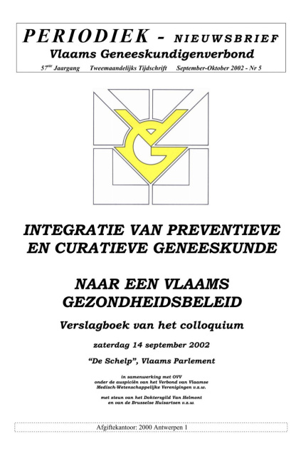 Omslag van Periodiek - Nieuwsbrief van het Vlaams Geneeskundigenverbond (VGV), jg. 57, 2002, nr. 5.
