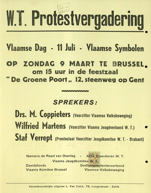 Aankondiging van een protestvergadering van het Vlaamse Jeugdkomitee voor de Wereldtentoonstelling in 1958. (KADOC, kca8869)