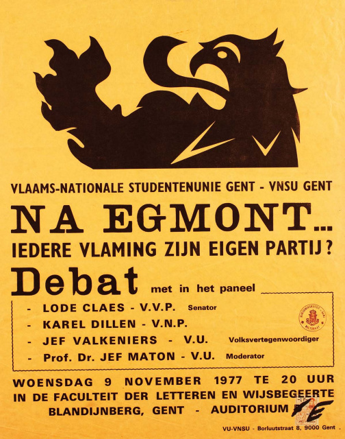 Aankondiging van een debat georganiseerd door het VNSU: 'Na Egmont... iedere Vlaming zijn eigen partij?', Gent, 9 november 1977. (ADVN, VAFA415)