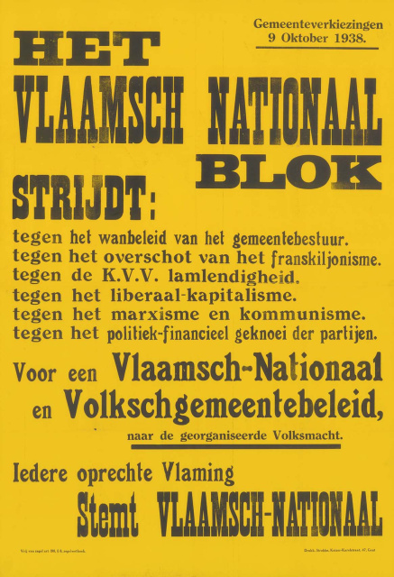 Verkiezingsaffiche van het Vlaams Nationaal Blok, gemeenteraadsverkiezingen 9 oktober 1938. (Stadsarchief Gent)