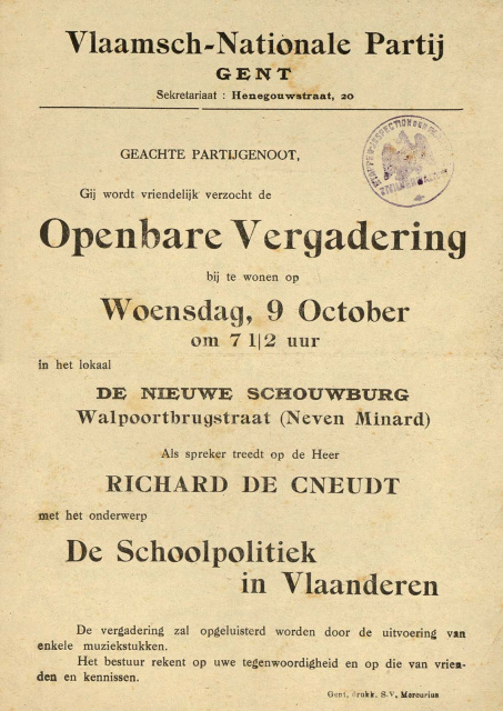 Uitnodiging van de Vlaamsch-Nationale Partij Gent voor een openbare vergadering over 'De schoolpolitiek in Vlaanderen', Gent, 9 oktober 1917. (Universiteitsbibliotheek Gent)