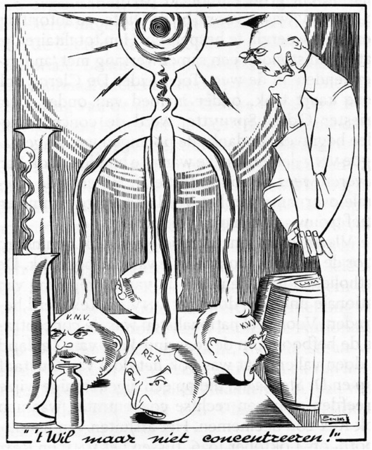 Een rechtse concentratie van de katholieke partij, Rex en Vlaams-nationalisten bood in de jaren 1930 uitzicht op het verwerven van een absolute meerderheid. Deze krachtenbundeling mislukte echter. Karikatuur van Eugeen Hermans in het katholieke weekblad Hooger Leven, 6 maart 1937. (ADVN, VY900273)