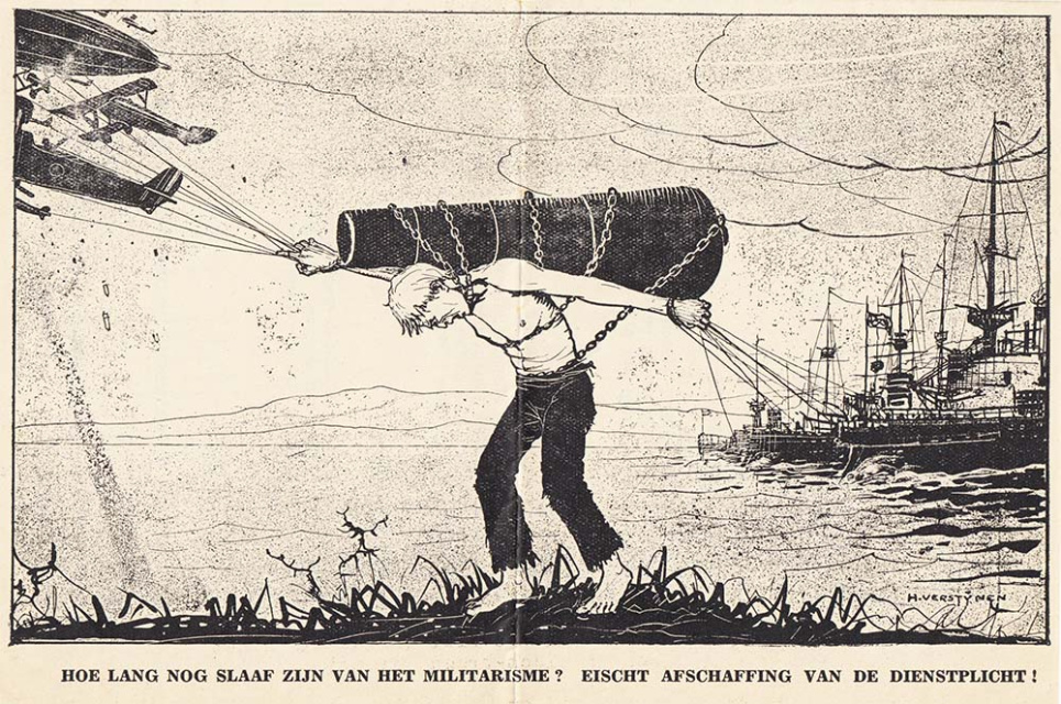 Pamflet van de Vlaamsche Jongeren Vredes-Aktie, jaren 1930. Tekening: Henri Verstijnen. (ADVN, AC313)