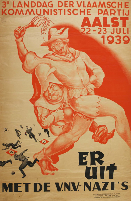 In deze affiche naar aanleiding van de derde Landdag van de Vlaamsche Kommunistische Partij maakte Tijl Uilenspiegel korte metten met de 'VNV-Nazi's', 1939. (Collectie Stad Antwerpen, Letterenhuis, tglhps3959)