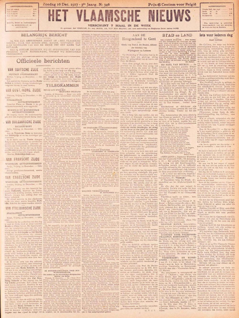 Voorpagina van Het Vlaamsche Nieuws, jg. 3, 1917, nr. 36. (Universiteitsbibliotheek Gent)
