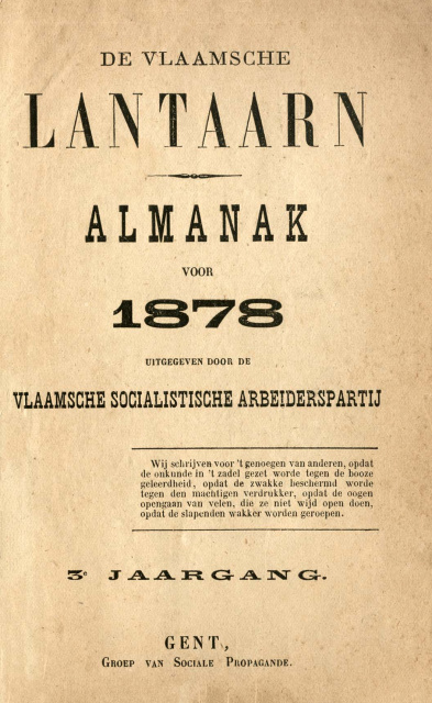Almanak van [i]De Vlaamsche Lantaarn[/i], uitgegeven door de Vlaamsche Socialistische Arbeiderspartij in 1878. (Amsab-ISG, ZTSO 0258)