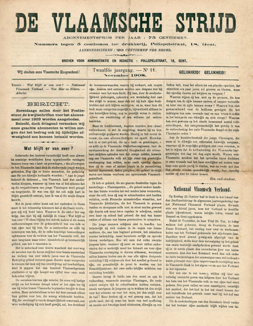 Voorpagina van De Vlaamsche Strijd, jg. 12, november 1908, nr. 11. (ADVN, VY900000589)