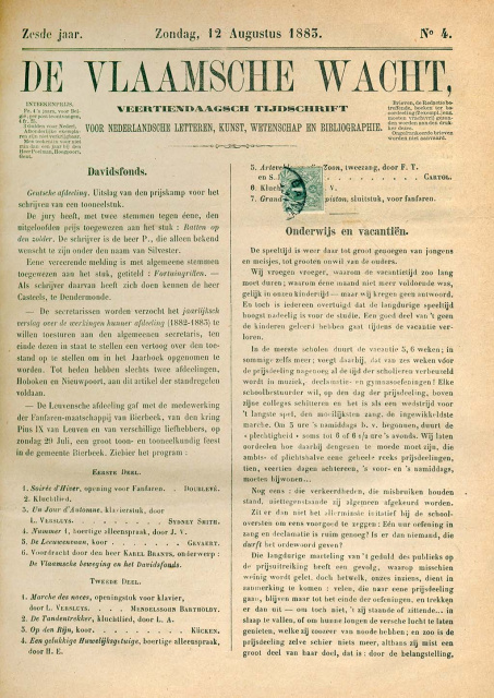 Voorpagina van De Vlaamsche Wacht, jg. 6, 12 augustus 1883, nr. 4. (ADVN, VY1292)
