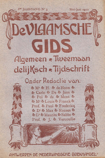 Liberaalgezinde flamingantische intellectuelen speelden voor de Eerste Wereldoorlog een belangrijke rol in de culturele ontwikkeling van Vlaanderen, onder meer via het tijdschrift De Vlaamsche Gids, 1910. (ADVN, VY69)
 