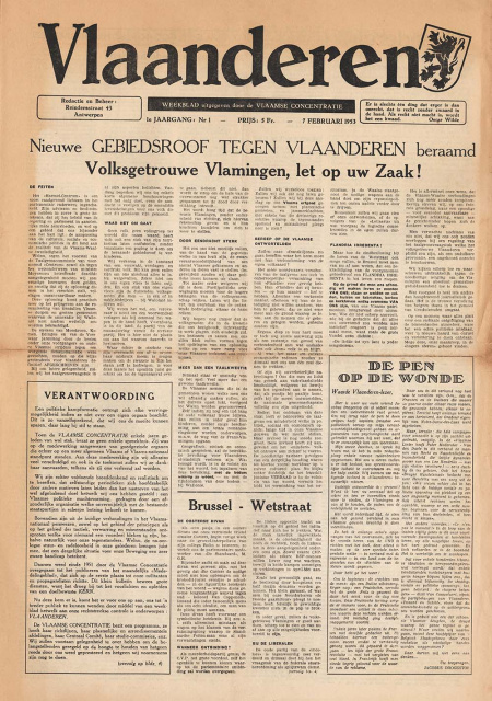 Eerste editie van het weekblad Vlaanderen (7 februari 1953) uitgegeven door de partij Vlaamse Concentratie. (ADVN, VY900013)