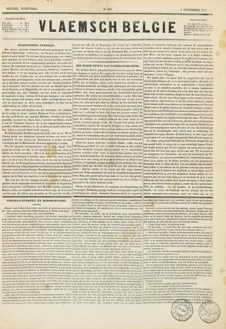 Voorpagina van Vlaemsch België, 4 september 1844. (Universiteitsbibliotheek Gent)