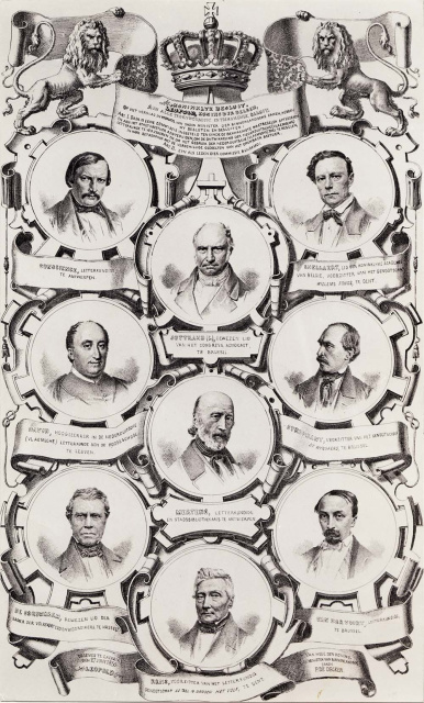 Leden van de Vlaemsche Commissie, ook wel bekend als Grievencommissie, 1856. Gravure Hubert Meyer. (Collectie Stad Antwerepn, Letterenhuis)