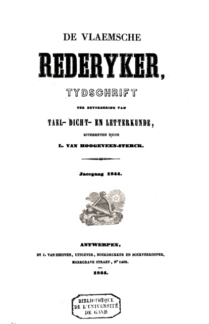 Omslag van De Vlaemsche Rederyker, 1844. (Universiteitsbibliotheek Gent)
 