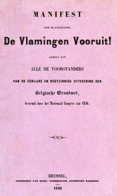 Manifest der maatschappij 'De Vlamingen Vooruit', Brussel, 1860. (Universiteitsbibliotheek Gent)