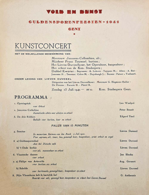 Programma van een guldensporenfeest georganiseerd door Volk en Kunst in Gent, 1941. (Rijksarchief Gent)