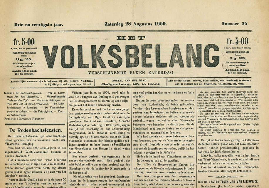 Voorpagina van Het Volksbelang, jg. 43, 1909, nr. 35. (ADVN, VY900000/722)