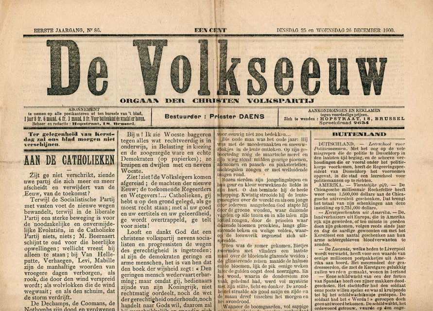 Voorpagina van De Volkseeuw, 25-26 december 1900. (ADVN)