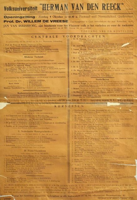 Aankondiging van de openingszitting van de Volksuniversiteit Herman van den Reeck en een overzicht van de geplande voordrachten en cursussen, 4 oktober 1931. (Collectie Stad Antwerpen, Letterenhuis, tglhps8262)