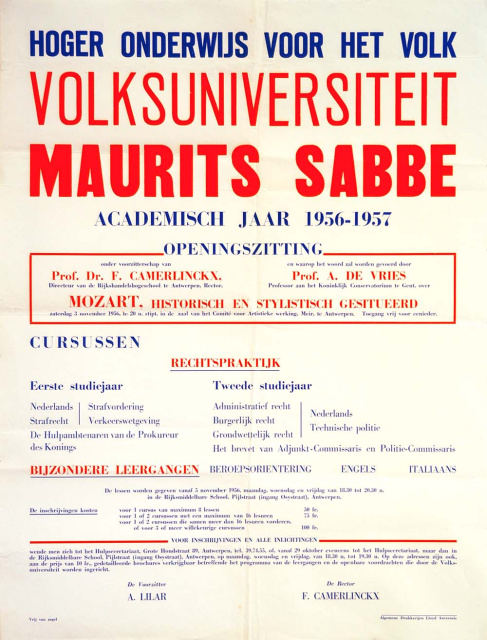 Affiche van de Volksuniversiteit Maurits Sabbe: aankondiging van de openingszitting van het academisch jaar 1956-1957. (Liberas)