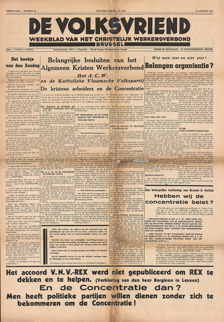 Voorpagina van De Volksvrienden, jr. 4, 23 januari 1937, nr. 35. (KADOC, KYC345)
 