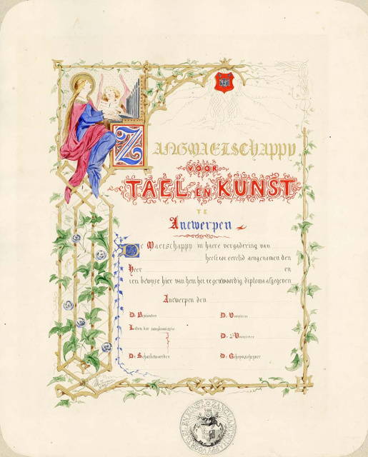 Diploma van de Zangmaetschappy voor Tael en Kunst, 1847. Tekening: Edward Dujardin. (Collectie Stad Antwerepn, Letterenhuis, tglhpr9914)