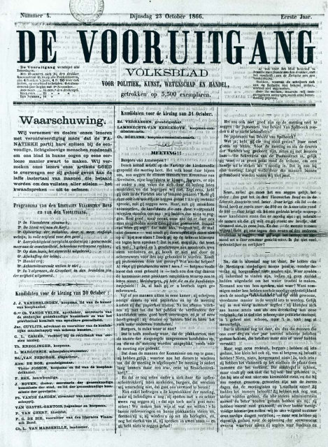Voorpagina van De Vooruitgang, 23 oktober 1866. (ADVN, VFB715)
 