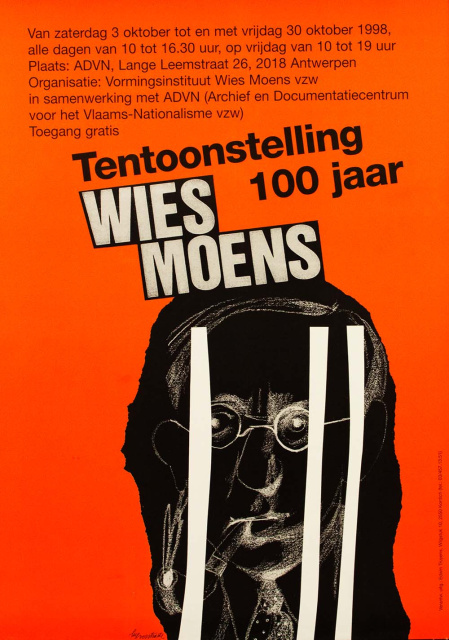 Affiche ter promotie van de tentoonstelling '100-jaar Wies Moens', georganiseerd door het Vormingsinstituut Wies Moens vzw in samenwerking met het ADVN vzw, Archief voor nationale bewegingen, Antwerpen, 1998. (ADVN, VAFA2004)