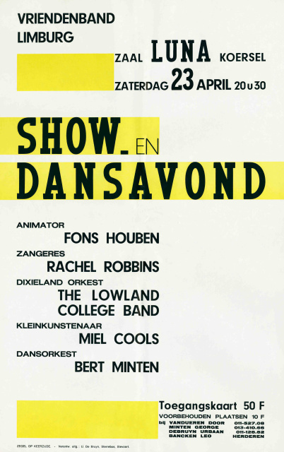 Affiche ter promotie van een 'show- en dansavond' te Koersel georganiseerd door Vriendenband Limburg, ca. 1965. (ADVN)