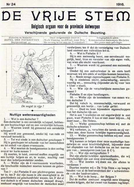 De Vrije Stem, bedoeld als de Nederlandstalige pendant van La Libre Belgique, verschijnt van september 1915 tot december 1918. (Collectie Stad Antwerpen, Letterenhuis)