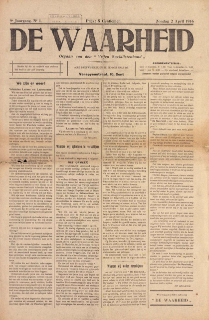 Omslag van De Waarheid, jg. 9, 1916, nr. 1. (Amsab-ISG)