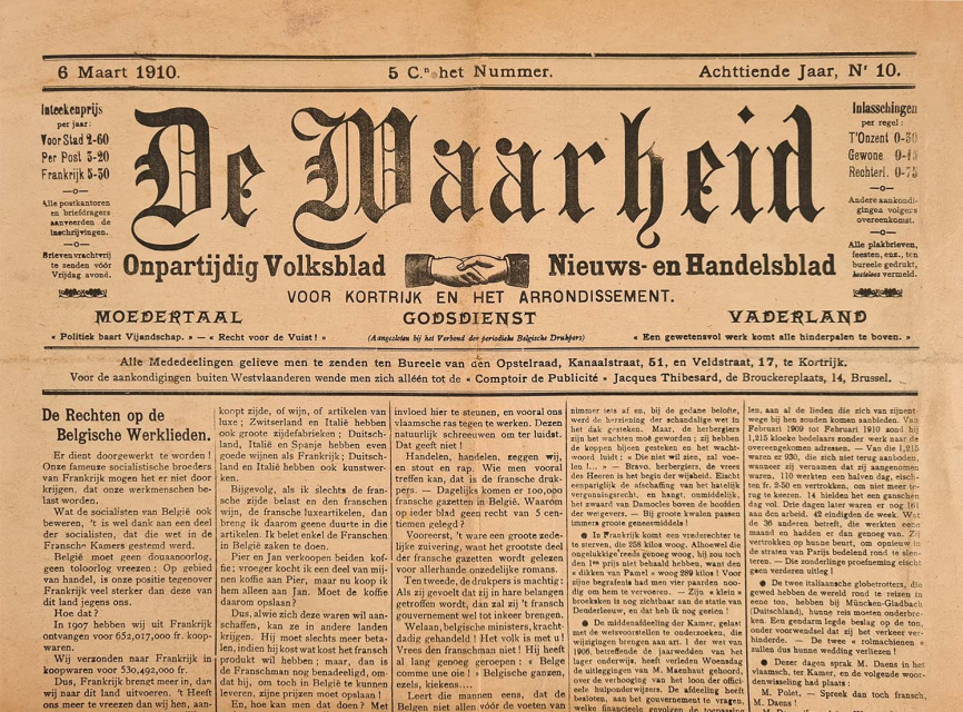 Omslag van De Waarheid, jg. 18, 6 maart 1910, nr. 10. (ADVN, VY900000/644)