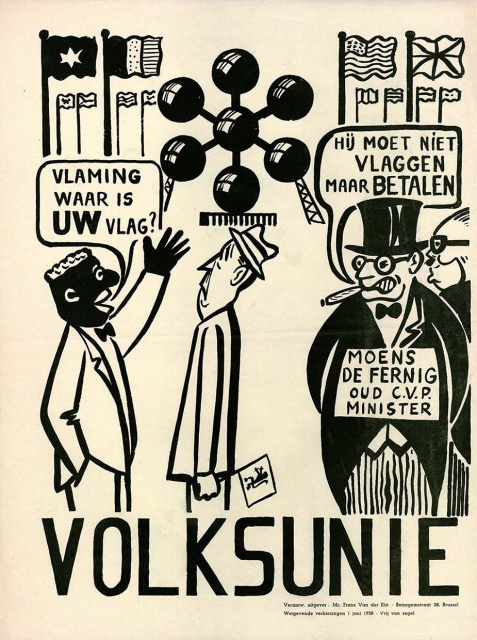 Verkiezingsaffiche van de Volksunie (VU) voor de parlementsverkiezingen van 1 juni 1958: 'Vlaming, waar is uw vlag? Hij moet niet vlaggen, maar betalen.' (ADVN, VAFA411)