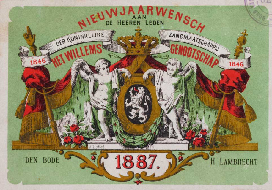 Nieuwjaarskaart van de Koninklijke Zangmaatschappij Willems Genootschap, 1887. (Huis van Alijn)