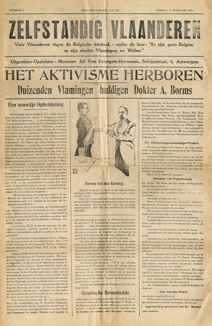 Voorpagina van Zelfstandig Vlaanderen, 21 februari 1922. (ADVN, VY9000001310)