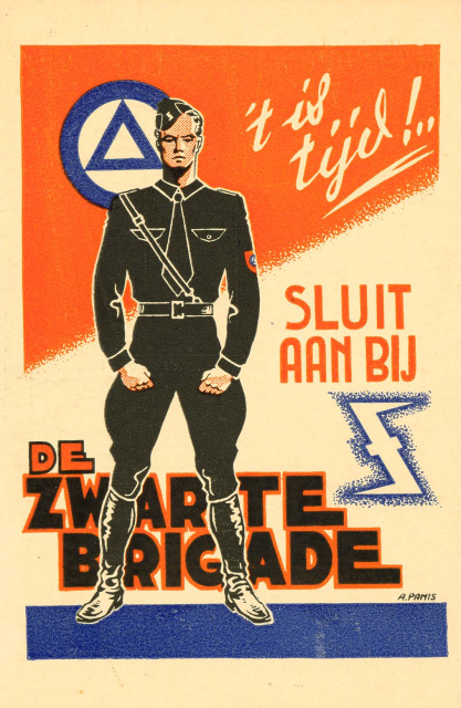 Wervingsaffiche van de Zwarte Brigade '‘t is tijd ! Sluit aan bij de Zwarte Brigade', 1940. Ontwerp: Armand Panis. (ADVN, VPR154)