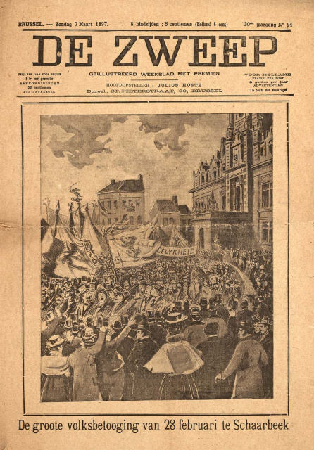 Voorpagina van het weekblad De Zweep, 7 maart 1897. (Universiteitsbibliotheek Gent)