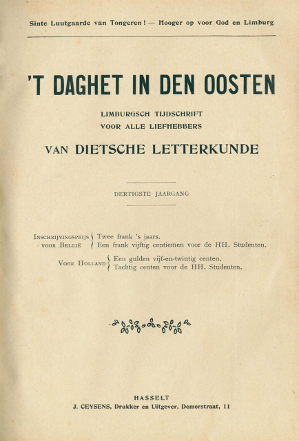 Omslag van 't Daghet in den Oosten, jr. 30, januari-februari 1913, nr. 1. (ADVN, VY1347)