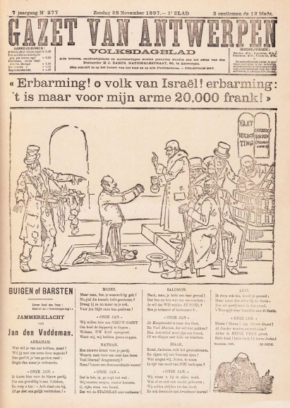 <p>Drie vooroordelen over joden samen in één tekening: de jood als intrigant, als sjacheraar en als Christusmoordenaar. Deze voorpagina van de katholieke krant <em>Gazet van Antwerpen</em> behandelde de vermeende financiële steun van Joodse zakenlieden aan burgemeester Jan Van Rijswijck bij de oprichting van de liberale krant <em>De Nieuwe Gazet</em>. Voor de katholieken bewees dit de greep van de joodse gemeenschap op het Antwerpse stadhuis én hun steun voor de antiklerikale strijd van de liberalen.</p>