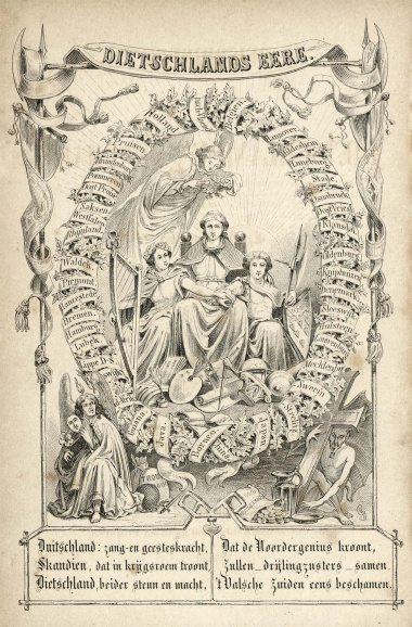 <p>Frontispice van <em>Reisbrieven</em> van de Antwerpse bibliothecaris Constant J. Hansen, die vanaf 1860 een samensmelting van het Nederduits en het Nederlands op basis van een nieuwe &lsquo;Aldietse&rsquo; spelling bepleitte. (Universiteitsbibliotheek Gent)</p>