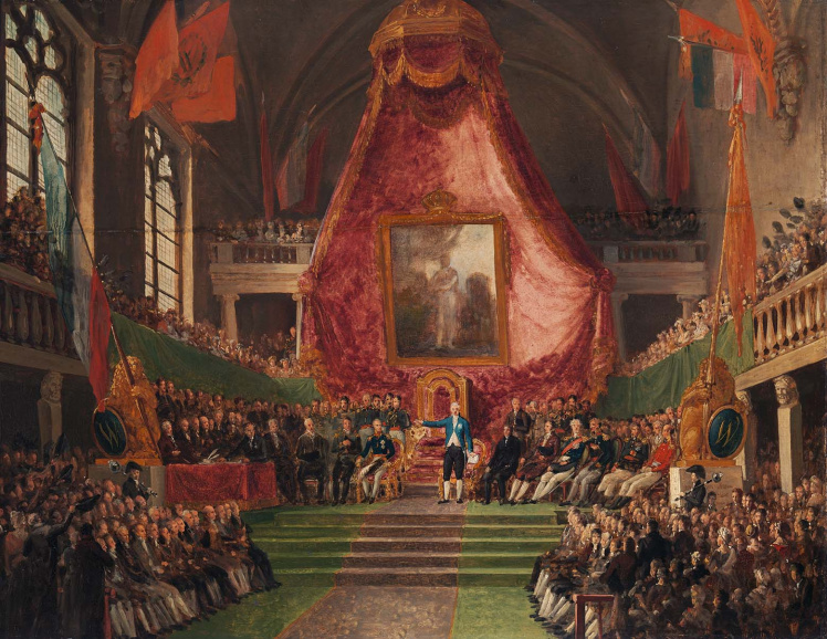 <p>Matthias van Bree, <em>Plechtige installatie van de universiteit van Gent in het stadhuis op 9 oktober 1817</em>. Erfprins Willem Frederik luistert naar de toespraak van Ocker Repelaer van Driel, de Nederlandse minister van Onderwijs. Rechts zitten de notabelen van de stad. (Rijksmuseum, Amsterdam)</p>