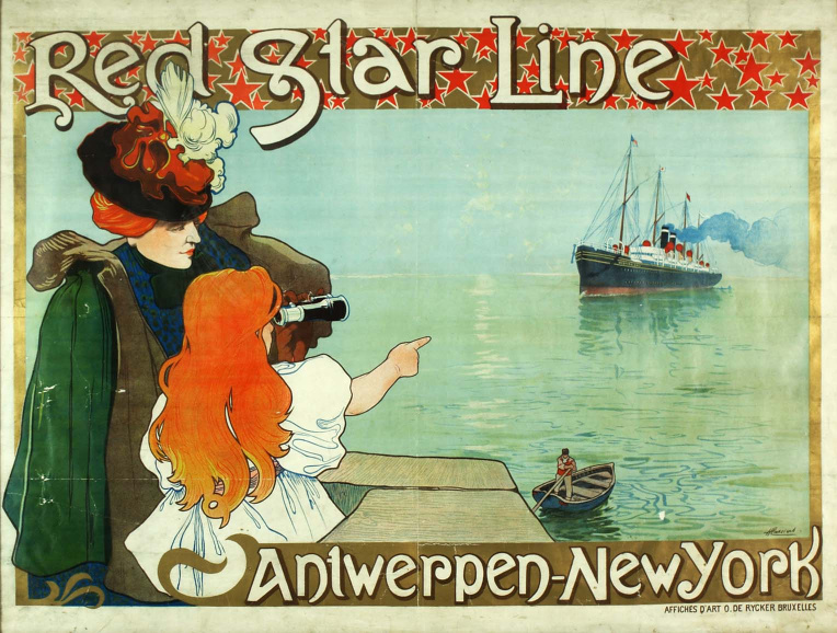 Affiche ter promotie van de scheepslijn tussen Antwerpen en New York van de Red Star Line, ca. 1898. Ontwerp Henri Cassiers. (Collectie Stad Antwerpen, Letterenhuis, tglhps33903)