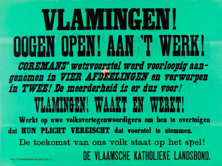 Affiche van de Katholieke Vlaamsche Landsbond naar aanleiding van de nederlaag bij het stemmen van het wetsvoorstel-Edward Coremans, 1907. (Universiteitsbibliotheek Gent)