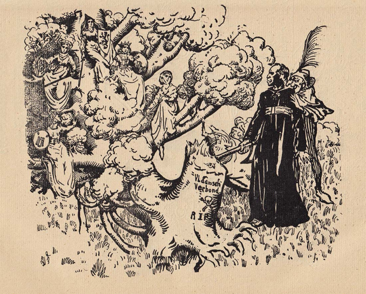 Een grimmige kardinaal Mercier hakt een stevige boom om, waaruit echter meteen de vijf sterke takken van de Vlaamse gouwgilden voortspruiten. Karikatuur op de afschaffing van het Vlaamsch Verbond in <em>Levenum nostrum</em>, bijblad van <em>Ons Leven</em>, maart 1910. (ADVN, VY1633)