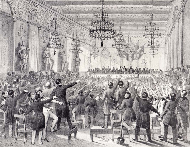 Oprichting van de Liberale Partij, de eerste politieke partij van België, in het stadhuis van Brussel, 1846. (Liberas)