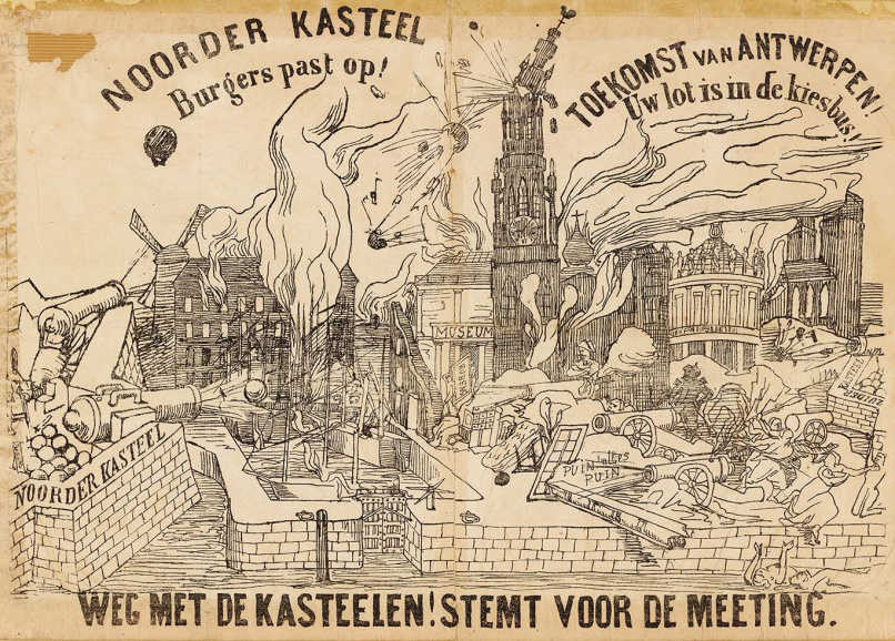 De Antwerpse Meetingpartij profileerde zich vanaf 1861 als een politieke beweging die zich keerde tegen de inrichting van stad en omgeving als militaire vesting. In haar propaganda riep ze beelden uit het verleden op, toen de Antwerpse forten de stad beschoten, in plaats van haar te verdedigen. De Meeting combineerde een Antwerpse, een antimilitaristische en een Vlaamse reflex. (Collectie Stad Antwerpen, Letterenhuis, tglhps9928)