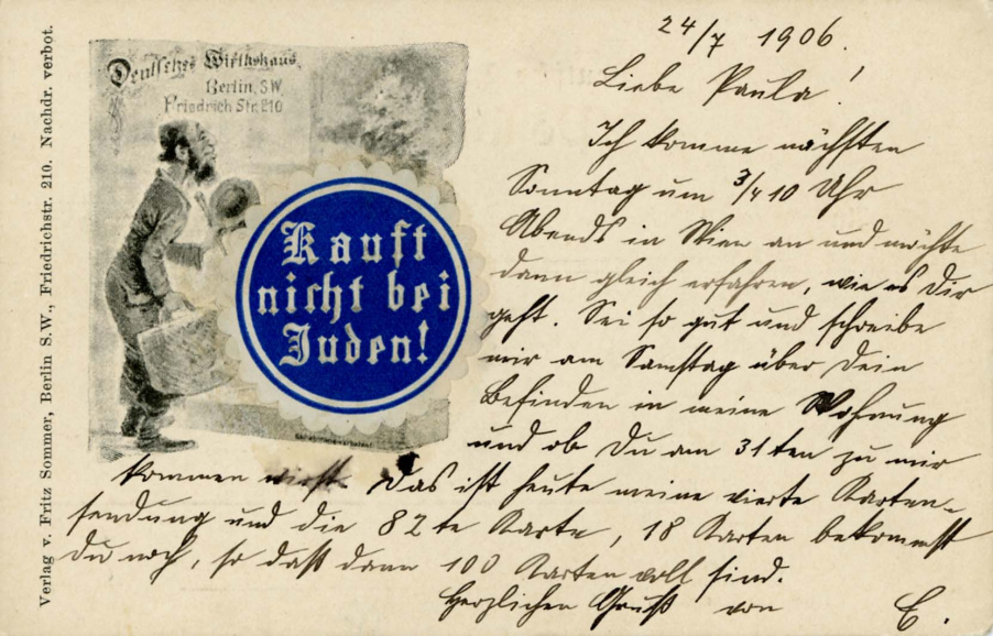‘Koop niet bij Joden’, Berlijnse prentbriefkaart uit 1906. (Kazerne Dossin)